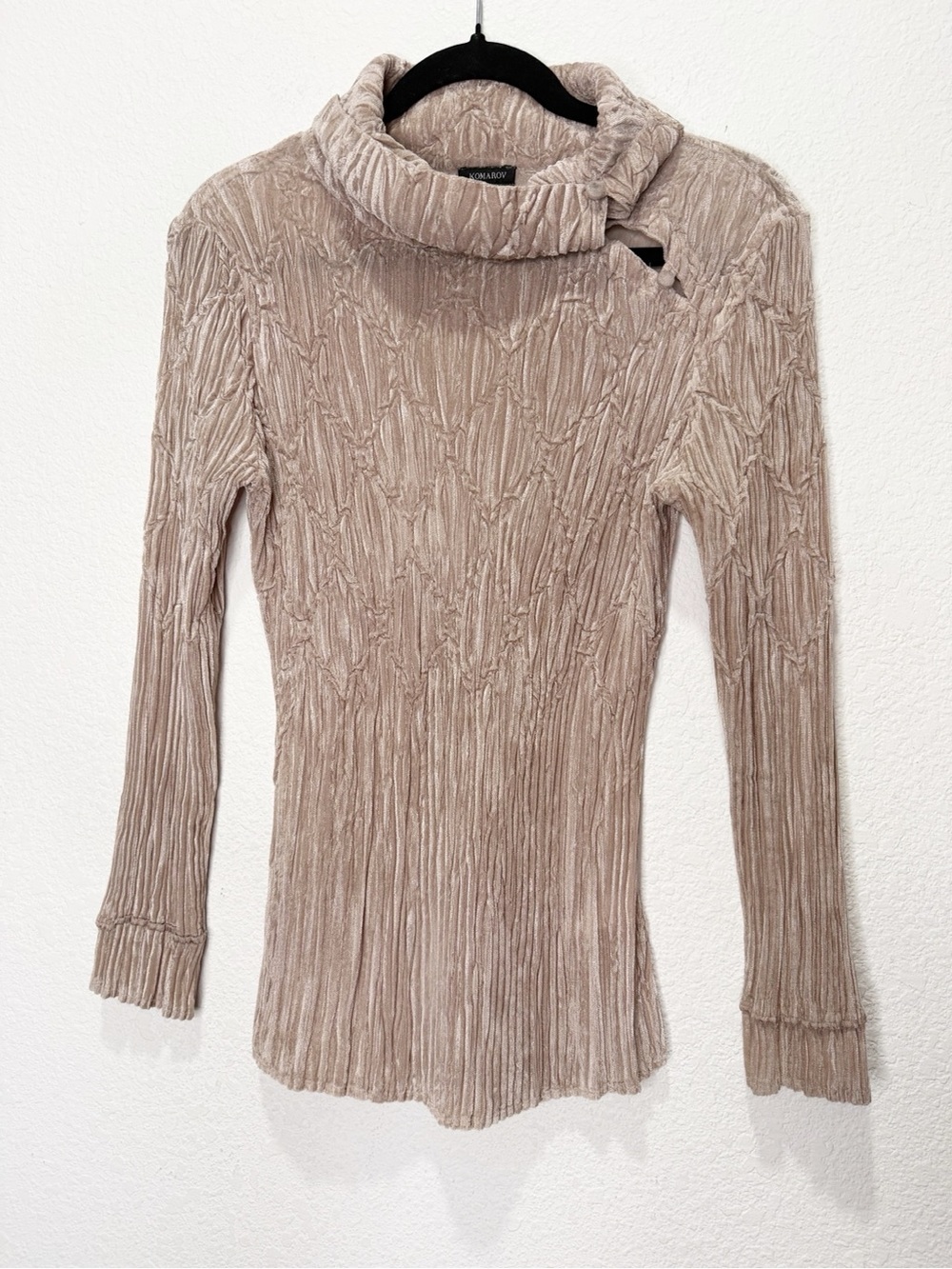 Komarov Crinkle Velvet Turtleneck Long Sleeve Champagne Top